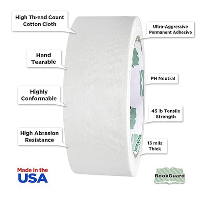 BookGuard 1-1/2 Inch Vinyl-Coated Cotton Cloth Bookbinding Repair Tape, 15 Yard Roll, White