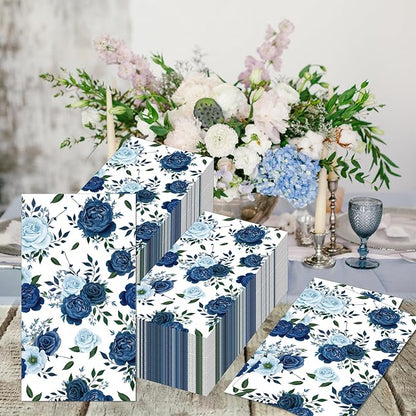 60 Pack 3 Styles Floral Napkins-Blue Party Supplies Vintage Flower Paper Napkins Tea Party Decorations for Birthday,Baby Shower, 12.9 * 15.7 inch