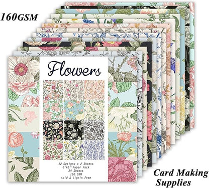 24 Sheets 12 Designs Scrapbook Paper Pad,6"×6” Single-Sided Decopodge Craft Cardstock Paper, Christmas Scrapbooking DIY Decorative Background Cardmaking Supplies.Flowers