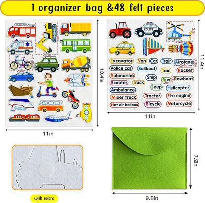 Felt Transportation Vehicles Learning Pieces,48 Felt Flannel Board Pieces,Air Land Sea Airplane Learning for Toddlers for Kindergarten,Preschool,Toddlers