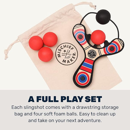 Mighty Fun! - Mischief Maker® Wooden Slingshot - Classic Series - Real Wood Slingshot for Kids, 4 Soft Foam Balls and Storage Bag - Ages 4+ (red)