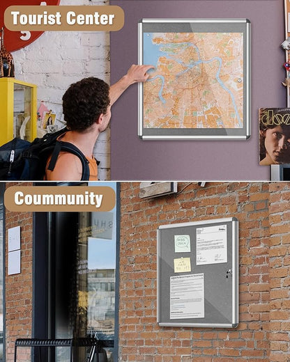 28"x26" Enclosed Bulletin Board, Lockable Weather-Resistant Aluminum Cork Noticeboard for School & Office, Silver Frame w/Grey Flet