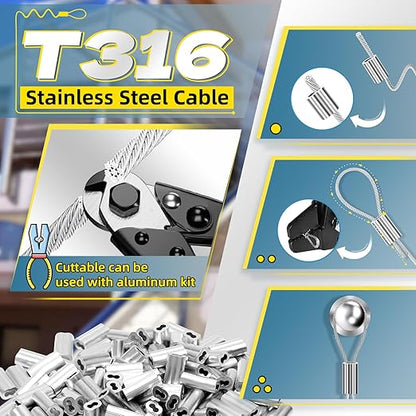 316 Stainless Steel Cable, 400FT 1/32IN Wire Rope with 100Pcs Aluminum Sleeves Stops, for String Lights Hanging, Clotheslines, Trellis Wire