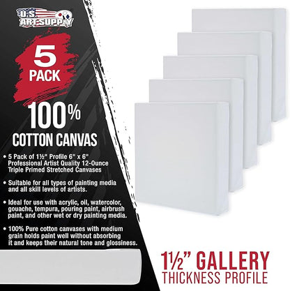 U.S. Art Supply Square Stretched Canvas for Painting 6x6 inch Gallery Depth 1-1/2" Thick, 5-Pack - 12oz Acrylic Gesso Triple Primed, Professional Artist Quality, 100% Cotton - Pouring, Oil Paint