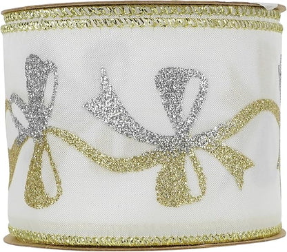 MEEDEE Gold & Silver Christmas Ribbon - 2.5 Inch White Satin with Glittery Bows Pattern - 10 Yards Wired Ribbon for Tree, Garlands & Toppers