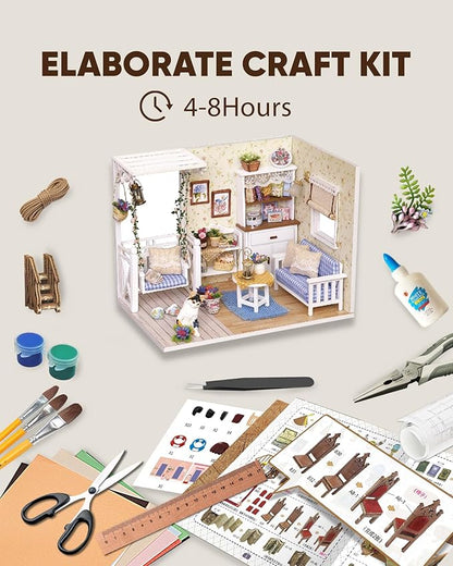 DIY Miniature House Kit – Mini Doll House Model Tiny Home Build Dollhouse Diorama Craft Kit with LED Dust Cover for Beginners Christmas Halloween Holiday Birthday Gift for Adult(Cat Room)