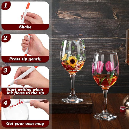 Pickmesh 4 Set Paint Your Own Glasses Kit for Adults 15 oz Wine Glass 12 Pcs DIY Markers 12 Colors Acrylic Paint with Brushes to Design Your Own Wine Glasses Gifts(High Feet)