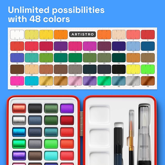 ARTISTRO Watercolor Paint Set in Portable Box, Includes Metallic and Fluorescent Paints, 2 x Brushes, Watercolour Paper, Acrylic Markers, Travel kit for Artist and Beginners