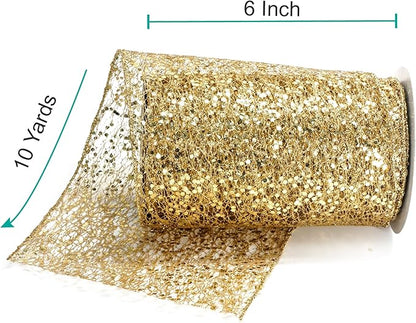 CT CRAFT LLC Sparkling Glitter Mesh Wired Ribbon 6" x 10 Yards Gold for Christmas Home Decor Bow Gift Wrapping DIY Crafts Wreath