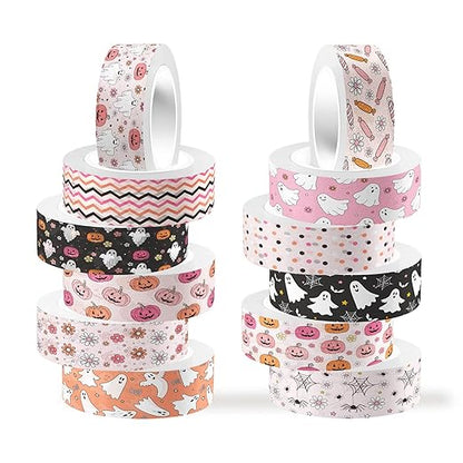 12 Rolls Halloween Washi Tape, Cute Ghost Pumpkin Spiders Masking Tape Boho Holiday Decorative Tapes Set for Scrapbooking, DIY Crafts, Party Decor 16.4FT