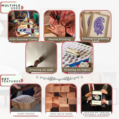Hashcart Wooden Stamp Block, Printing Stamp Design Set | Block for Printing Saree Border | Dresses, Craft Card Making, Scrapbook, Clay Pottery | Set of 5