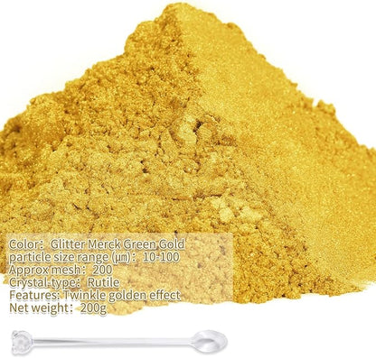 Mica Powder,7.05OZ（200g）,Glitter Merck Green Gold Mica Powder Pigment for Epoxy Resin，Lip Gloss，Car Paint，Dye，Soap Making，Nail Polish,Epoxy Resin,Candle Making,Bath Bombs