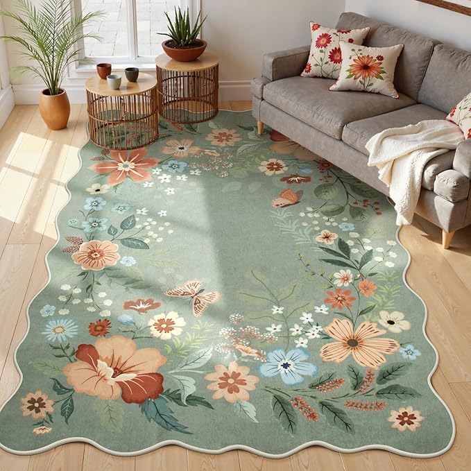 Beeiva Washable Rug 6x9 - Scalloped Floral Printed Soft Non Slip Kids Rugs for Bedroom Ultra-Thin Low Pile Boho Green Area Rug Aesthetic Throw Carpet for Living Room Playroom Dorm Office(Green,6x9ft)