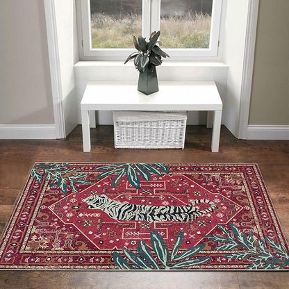 Vintage Tribal Faux Wool Red Boho Throw Rugs - 2x3, Non-Slip, Washable for Bathroom, Kitchen, Indoor, Entryway, Modern, Distressed, Tribal, Indian Accent Floor Mat