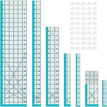 Acrylic Ruler 7 Piece Set, Non Slip Rings 50 Pieces, Quilting Rulers, Size (6"x24"), (2"x24"), (3"x18"), (3"x8"), (1.5"x12"), (1"x12"), (1"x6") (Blue-7 Piece Set)