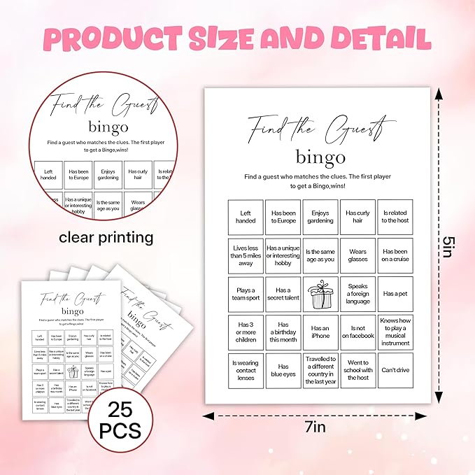 Birthday Party Games, Find The Guest Bingo, 25 Pcs Card Set for Guests, Fun Birthday Game for Teen Adults – A08
