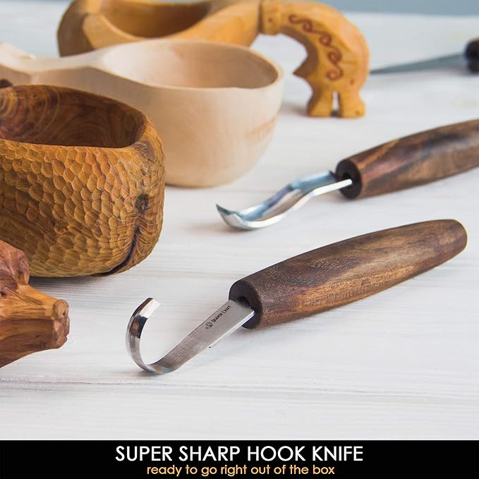 BeaverCraft Wood Spoon Carving Tools Kit S14x Deluxe - Whittling Tools Set Includes Sloyd Wood Carving Knife, Hook Knife, Gouge, Leather Roll-Up Case & Leather strop with Polishing Compound
