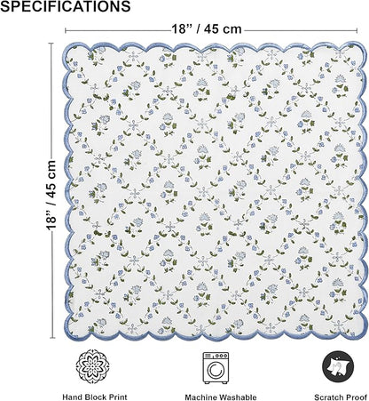 Ridhi Powder Blue Hand Block Print Napkins 18" x 18" Set of 4 Reusable Cotton Dinner Napkins for Weddings, Parties & Everyday Dining, Thanksgiving, Christmas, Fall