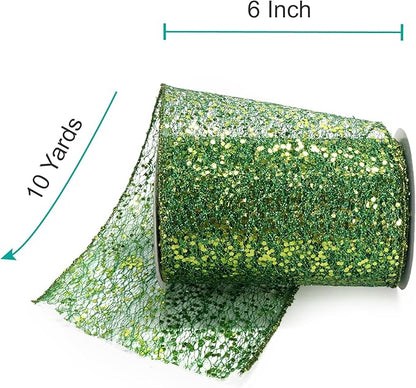 CT CRAFT LLC Sparkling Glitter Mesh Wired Ribbon 6" x 10 Yards Green for Christmas Home Decor Bow Gift Wrapping DIY Crafts Wreath