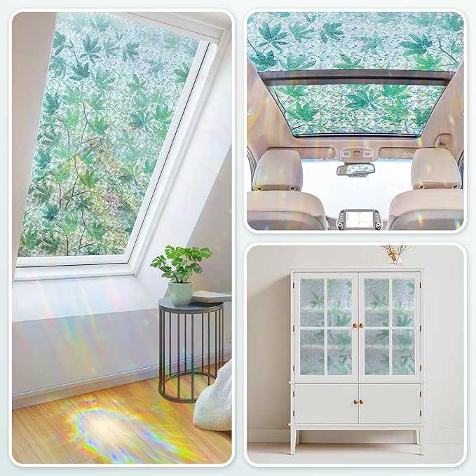 Haton Window Privacy Film, Decorative Stained Glass Window Clings, 3D UV Sun Blocking Sticker, Removable Static Cling Heat Control Tint for Home Door, Leaf Rainbow, 35.4" x 157.4" Non-Adhesive