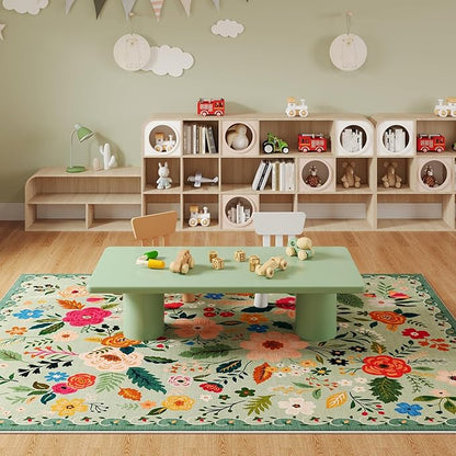 Rugcomf Living Room Rug 6x9 Rug Machine Washable Boho Area Rug Non Slip Floral Vintage Low Pile Large Rug for Living Room, Bedroom, Farmhouse, Dining Room, Kids Playroom(Green)