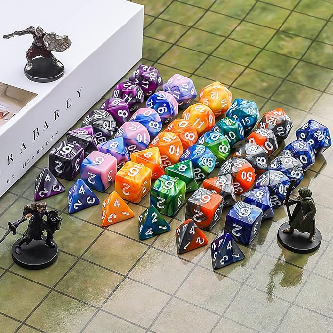 CiaraQ DND Polyhedral Dice Set (42pcs) with 6 Gold Pattern Drawstring Pouches for Dungeons and Dragons RPG MTG Table Games. 6 X 7 Double-Colors Dice Sets (D4 D6 D8 D10 D% D12 D20)