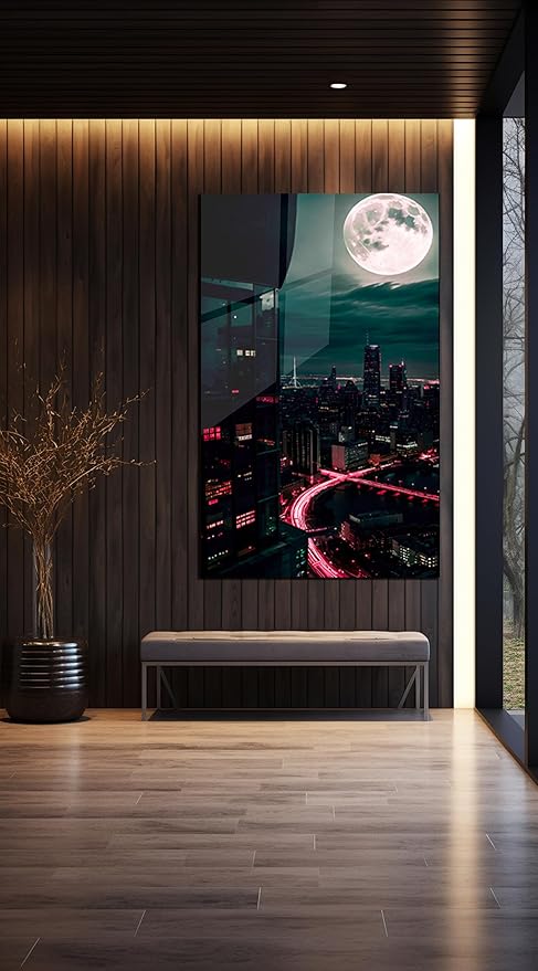 SpiritualHands Moon And City Glass Wall Art Painting for Living Room, Tempered Glass Modern Prints Decor, Large Vivid Color Panel for Bedroom, Kitchen, or Office