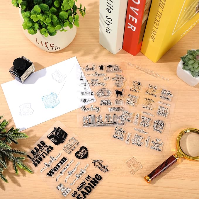 Whaline 4 Sheets Reading Words Clear Stamps Greeting Words Bookcase Bookshelf Silicone Transparent Stamps for DIY Craft Card Making Scrapbooking Embossing Album Decor