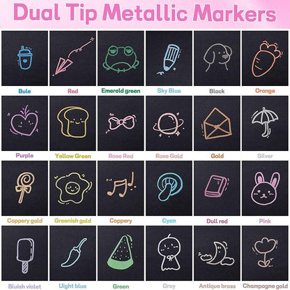 24 Pack Metallic Markers, Dual Tip Glitter Pens for Black Paper & Rock Painting Metallic Acrylic Paint Markers for DIY Crafts, Scrapbooking, Glass, Wood, Cards Alcohol Based Quick Dry Ink