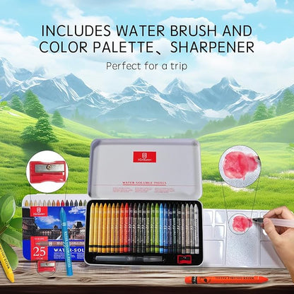 25 Colors Water Soluble Pastels, Watercolor Pastels Set for Beginners and Hobbyists, Includes Sharpener, Palette & Brush for Vibrant Art Creations (Europe)
