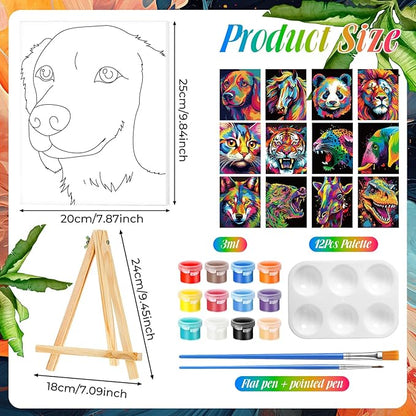 Zhanmai 12 Pack Pre Drawn Canvas for Painting Sip and Paint Kit 8 x 10 Paint Party Set Canvas Painting Pre Printed Canvases for Party Favor DIY Virtual Adult's Date Night(Colorful Animals)