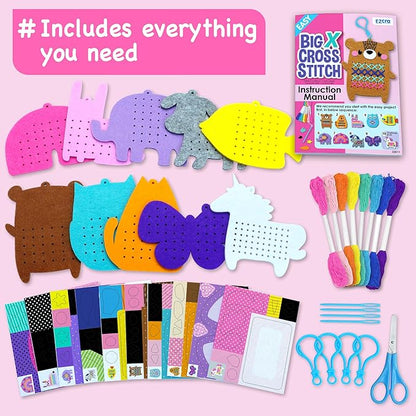EZCRA Beginner Needlepoint Cross Stitch Kit for Kids Ages 5-8 – Easy Embroidery Starter Set with Jumbo Plastic Needles, Pre-Printed Patterns, Instructions – DIY Arts & Crafts Gift for Girls & Boys