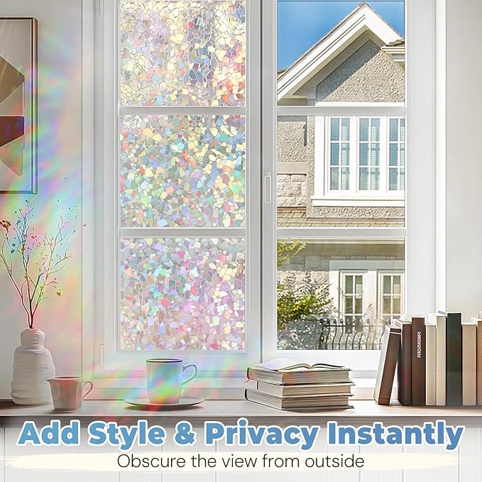 DOWELL Window Privacy Film Rainbow Film, Stained Glass Decorative Sticker, Static Cling Non-Adhesive Glass Clings, Sun Blocking Heat Control Window Coverings for Home Door, 35.4" x 157.4"