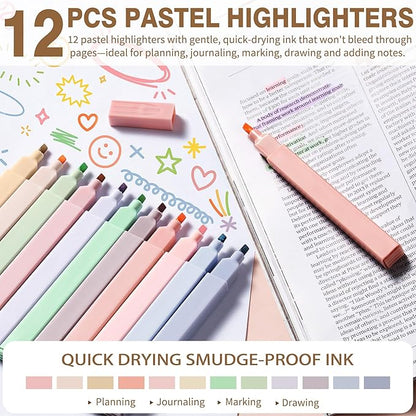 62PCS Aesthetic School Supplies with Cute Pencil Case, Pastel Highlighters Black Ink Gel Pens Mechanical Pencils Kit, Back to School Supplies College Essentials Preppy Stationary Set for Student Girls