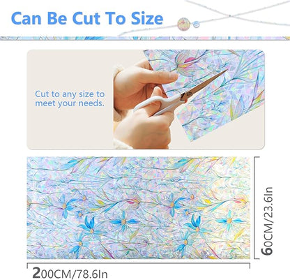 FINNEZ Window Privacy Film Stain Glass Film Flowers Rainbow Window Film Window Clings Non-Adhesive Reusable Decorative for Home（Blue Lotus，23.6 Inch x 6.5 Feet）