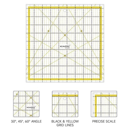 KERING Square Quilting Ruler - 9.5x9.5 inch Anti-Slip Acrylic Ruler for Patchwork Piecing, Bias Strips & Rotary Cutting, Professional Quilter's Tool with Dual-Angle Guide