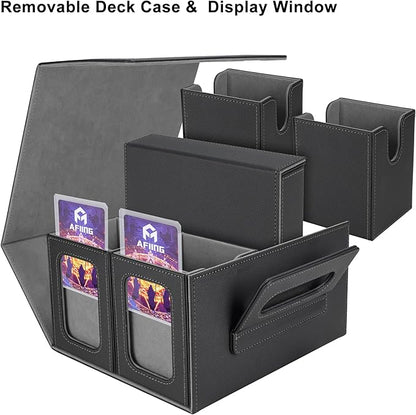 AFIING Commander Deck Box for MTG/EDH, Fits 400+ Double-Sleeved Cards, with Display Window, 4 Removable Deck Cases, Dividers, Dice Tray & Handle, Card Holders for TCG (Black Grey)