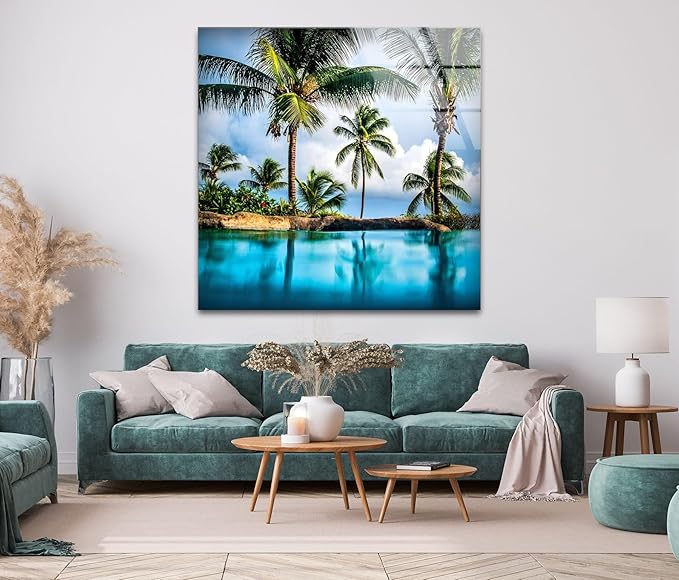 My Photostation.com 48Wx32H'' Island & Blue Sea Glass Wall ArtTempered Glass Printing Wall Decor Large Wall Art Wall Hangings