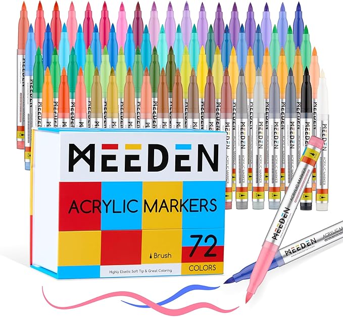MEEDEN Acrylic Paint Marker Brush Tip: 72 Colors Large Capacity Acrylic Markers with Automatic Ink Control System - Waterproof Paint Pens for Wood, Glass, Rocks, Fabric, Halloween Pumpkin Painting