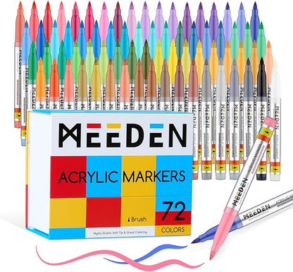 MEEDEN Acrylic Paint Marker Brush Tip: 72 Colors Large Capacity Acrylic Markers with Automatic Ink Control System - Waterproof Paint Pens for Wood, Glass, Rocks, Fabric, Halloween Pumpkin Painting