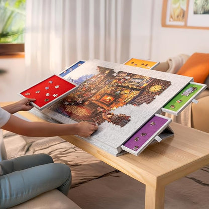 Lavievert 1500 Piece Tilting Puzzle Board with 2-in-1 Designed Stand & Cover, Lightweight Felt Mat Plateau with 6 Colored Drawers, Portable Jigsaw Puzzle Table with Storage for Adults (Light Gray)