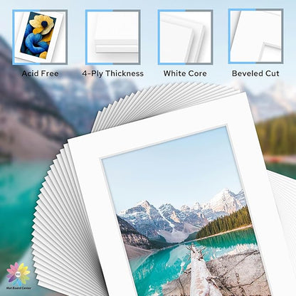 Mat Board Center, Pack of 25, 5x7 for 4x6 White Mat Kit - Acid Free, 4-ply Thickness, White Core - Includes Backing Boards and Clear Bags - for Pictures, Photos, Framing