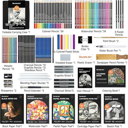 Shuttle Art 124 PCS Drawing Kit, Professional Drawing Supplies with Sketch, Charcoal, Colored, Graphite, Pastel Pencils & Sticks, Complete Drawing Tools and Paper Pads in Zipper Case for Artists&Kids