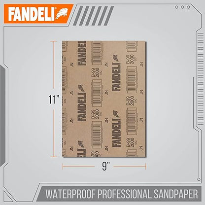 Fandeli | Waterproof Sandpaper | 2000 Grit | 25 Sheets 9'' x 11'' | For Car Polishing, Wooden Furniture Sanding and Metal Sanding | Water Resistant