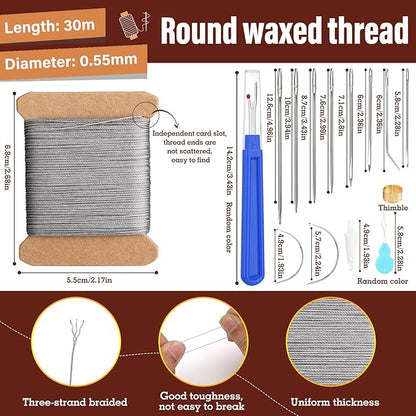 Upholstery Repair Kit, 0.55mm 98 Yard (3 Colors) Waxed Thread with 8 Pcs Heavy Duty Leather Needles for Hand Stitching, Canvas & Quilting - Round Waxed Thread- Black/Gray/Brown