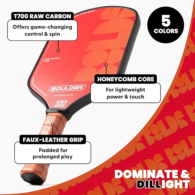 Boulder Carbon Fiber Pickleball Paddle | T700 Carbon Fiber | USAPA Approved, with Honeycomb Polymer Core | Pickleball Racket for Beginner & Experienced Players