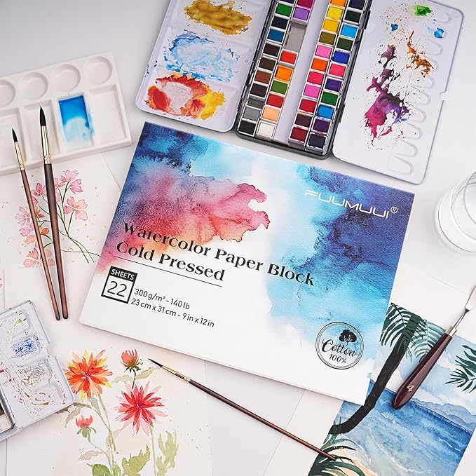 Watercolor Paper Block 9x12 Inch, Fuumuui 100% Cotton Paper Pad, 22 Sheets, Cold Pressed, Acid-Free, 140 lb/300gsm for Painting, Drawing, Art Journaling, Professional Artist Quality