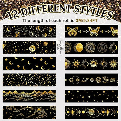 Whaline 12 Rolls Gold Foil Galaxy Washi Tape Black Gold Sun Moon Star Masking Tape Set Decorative Wrapping Paper Tapes for Scrapbook Journal DIY Art Crafts