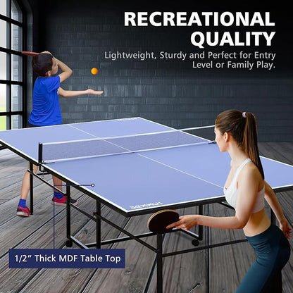 8ft/9ft Mid-Size Table Tennis Table Foldable & Portable Ping Pong Table Set for Indoor Games with Net, 2 Table Tennis Paddles and 3 Balls