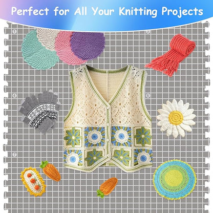 MEVOME Blocking Mats for Knitting with 20pcs Knitting Blockers 200 T-pins 104 Locking Stitch Markers, Extra Thick Block Boards with Grids Storage Bag for Needlepoint Crochet - Pack of 9 (Gray)
